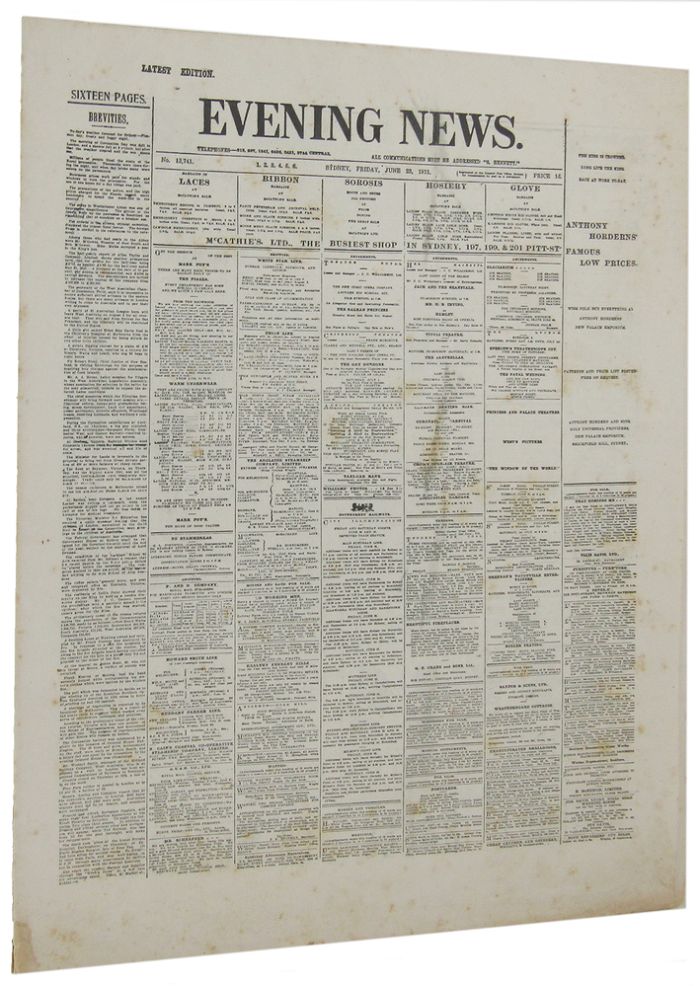 Item #057830 EVENING NEWS. [Facsimile edition, in reduced format]. No. 13,741, Sydney, Friday, June 23, 1911. reduced format Newspaper.