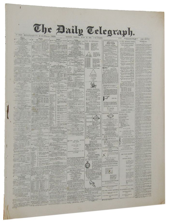 Item #057851 THE DAILY TELEGRAPH. [Facsimile edition, in reduced format]. No. 10,007, Sydney, Friday, June 23, 1911. reduced format Newspaper.