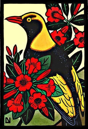 Item #080588 GOLDEN BOWER BIRD AND NATIVE RHODODENDRON. Leslie Van der Sluys, Artist