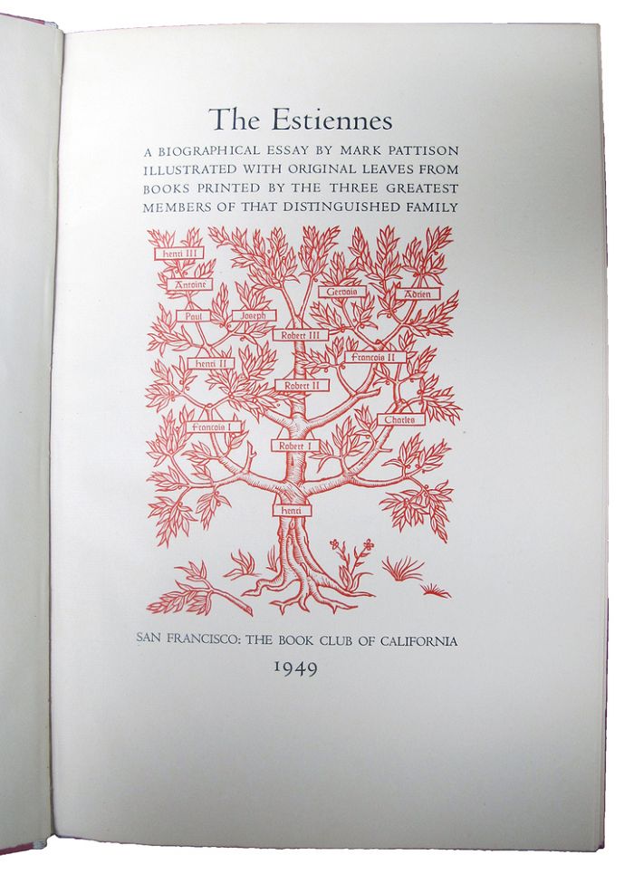 Item #085438 THE ESTIENNES: A biographical essay by Mark Pattison. Illustrated with original leaves from books printed by the three greatest members of that distinguished family. Estienne family, Mark Pattison.