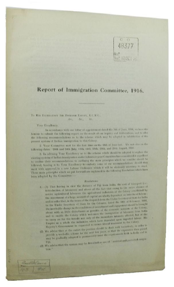 Item #100189 REPORT OF IMMIGRATION COMMITTEE, 1916. Parliamentary Paper Great Britain.