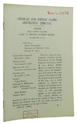 Item #100193 AWARD FIJI LAND CLAIMS. CASE OF BENSON ROBERT HENRY. Claims No. 44 ter. American,...