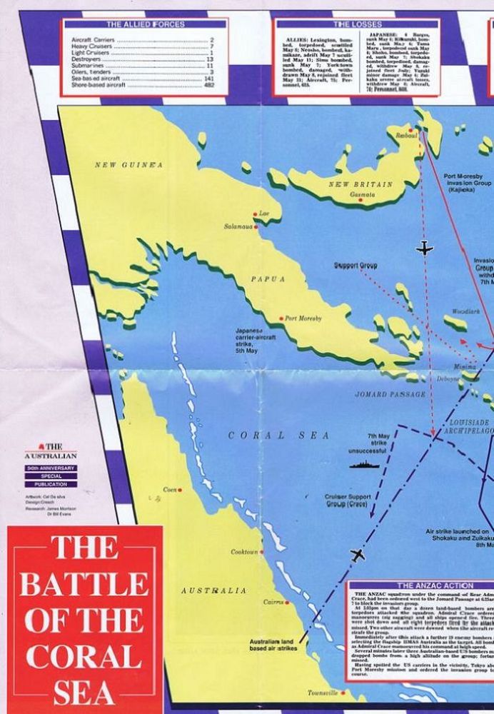 Item #104233 THE BATTLE OF THE CORAL SEA MAP. The Australian Newspaper.