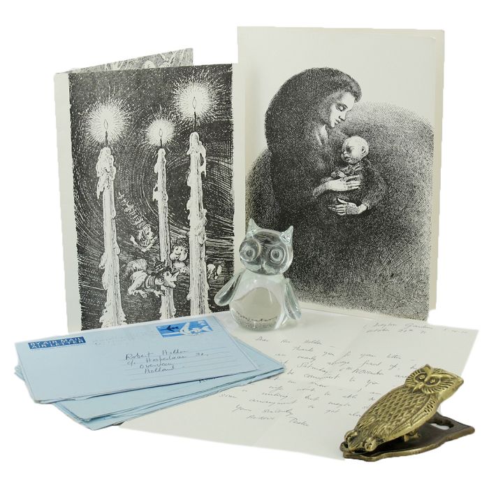 Item #134443 FOUR AUTOGRAPH LETTERS AND TWO PRINTED CHRISTMAS CARDS, SIGNED. Maeve Peake.