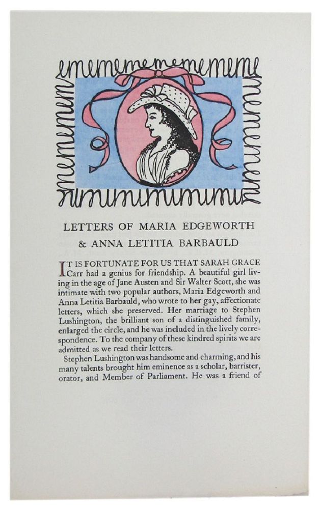 Item #141202 LETTERS OF MARIA EDGEWORTH AND ANNA LETITIA BARBAULD. Golden Cockerel Press Prospectus P193.