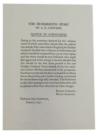 Item #158540 THE HUNDREDTH STORY OF A. E. COPPARD. Notice to Subscribers. Golden Cockerel Press...