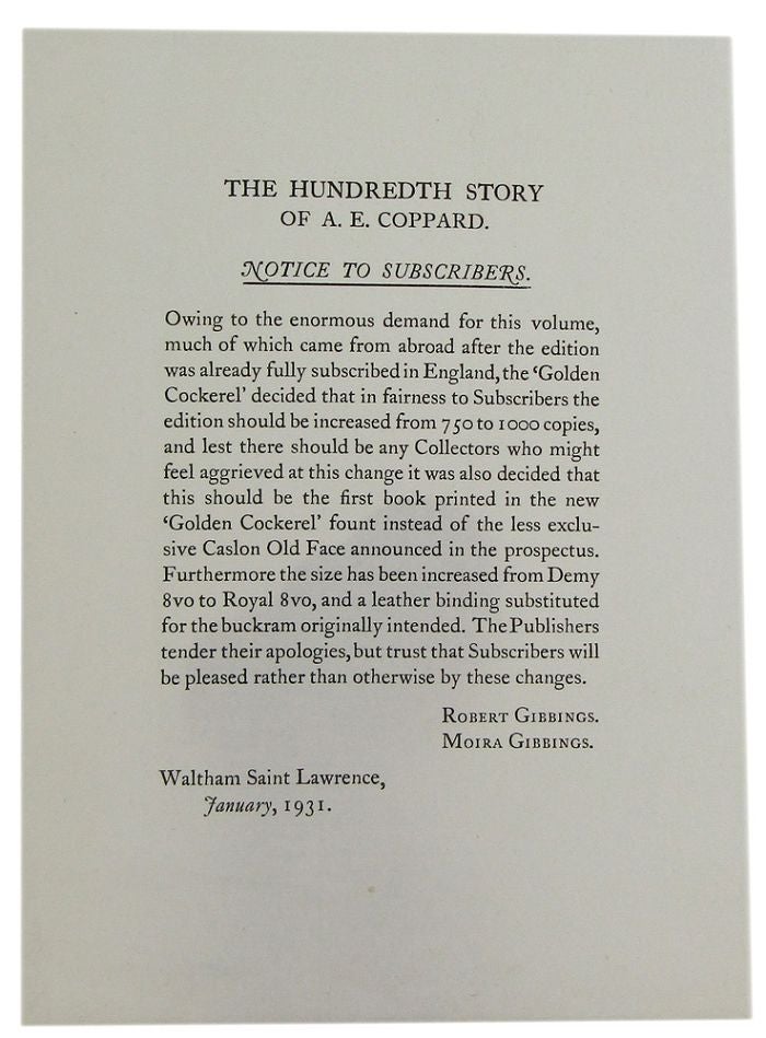 Item #158540 THE HUNDREDTH STORY OF A. E. COPPARD. Notice to Subscribers. Golden Cockerel Press Prospectus P074.