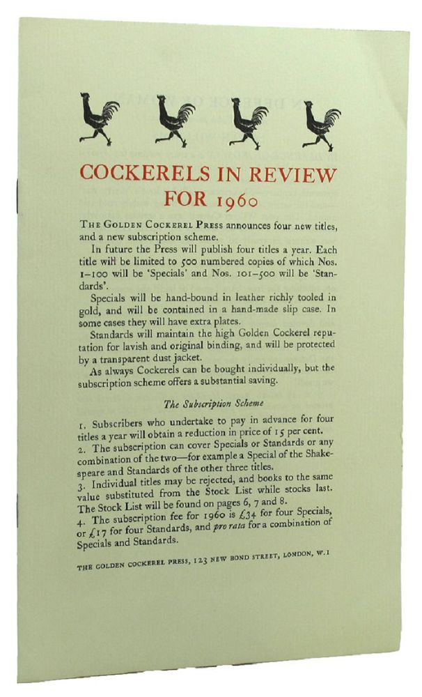 Item #158691 COCKERELS IN REVIEW FOR 1960. Golden Cockerel Press Catalogue XCIV.