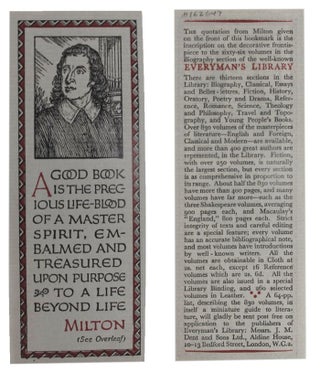 Item #162647 EVERYMAN'S LIBRARY BOOKMARKER: MILTON. J. M. Dent, Sons Ltd