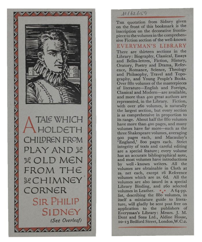 Item #162659 EVERYMAN'S LIBRARY BOOKMARKER: SIR PHILIP SIDNEY. J. M. Dent, Sons Ltd.