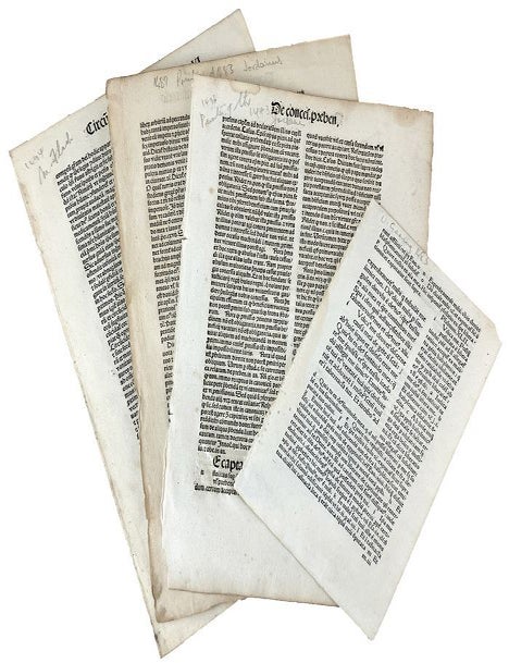 Item #169411 FOUR INCUNABLE LEAVES FROM 1483 TO 1496, Paris and Strasbourg. Fifteenth Century Printing.