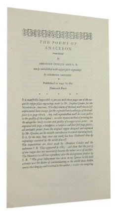 Item #170843 THE POEMS OF ANACREON translated by Abraham Cowley and S.B. newly embellished with...