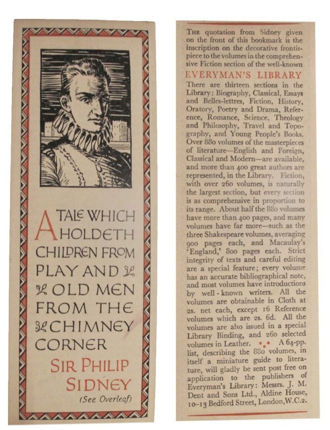 Item #178196 EVERYMAN'S LIBRARY BOOKMARKER: SIR PHILIP SIDNEY [c.1920s-30s]. J. M. Dent, Sons Ltd.