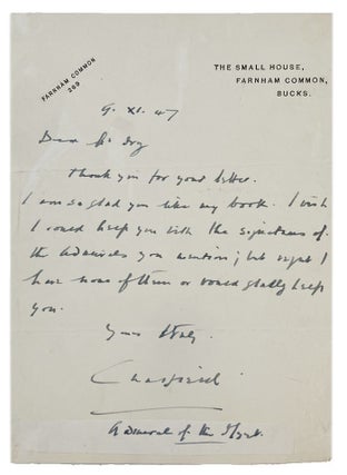 Item #179348 AUTOGRAPH LETTER, signed, to Mr. Fry:. Alfred Ernle Montacute Chatfield, 1st Baron...