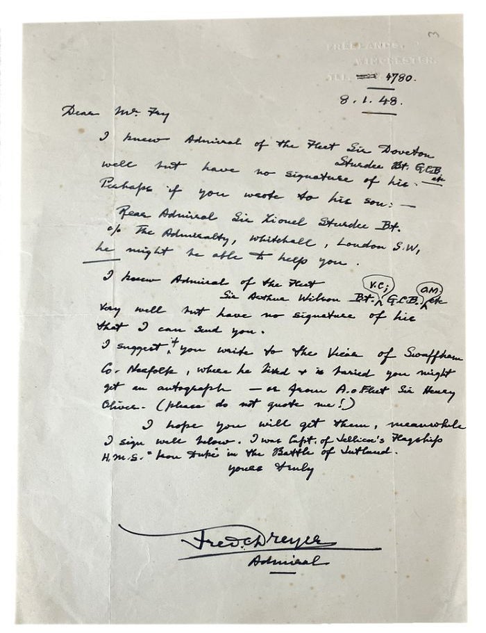 Item #179349 AUTOGRAPH LETTER, signed, to Mr. Fry:. Admiral Frederick Charles Dreyer.