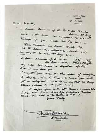 Item #179349 AUTOGRAPH LETTER, signed, to Mr. Fry:. Admiral Frederick Charles Dreyer