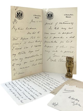 Item #180082 TWO AUTOGRAPH LETTERS, one from Neville Chamberlain, signed, and one from Sir Horace...