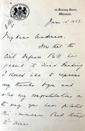 TWO AUTOGRAPH LETTERS, one from Neville Chamberlain, signed, and one from Sir Horace Wilson, signed, both to Sir John Anderson:
