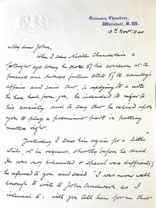 TWO AUTOGRAPH LETTERS, one from Neville Chamberlain, signed, and one from Sir Horace Wilson, signed, both to Sir John Anderson:
