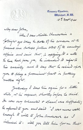 TWO AUTOGRAPH LETTERS, one from Neville Chamberlain, signed, and one from Sir Horace Wilson, signed, both to Sir John Anderson: