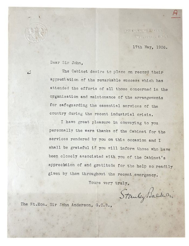 Item #180084 TYPED LETTER, SIGNED, to Sir John Anderson:. Stanley Baldwin.