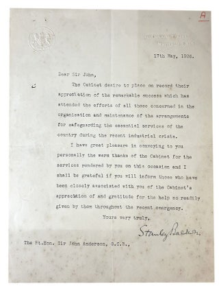 Item #180084 TYPED LETTER, SIGNED, to Sir John Anderson:. Stanley Baldwin
