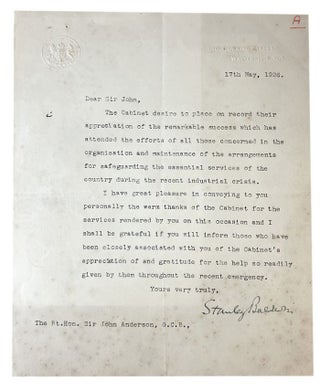 Item #180084 TYPED LETTER, SIGNED, to Sir John Anderson:. Stanley Baldwin