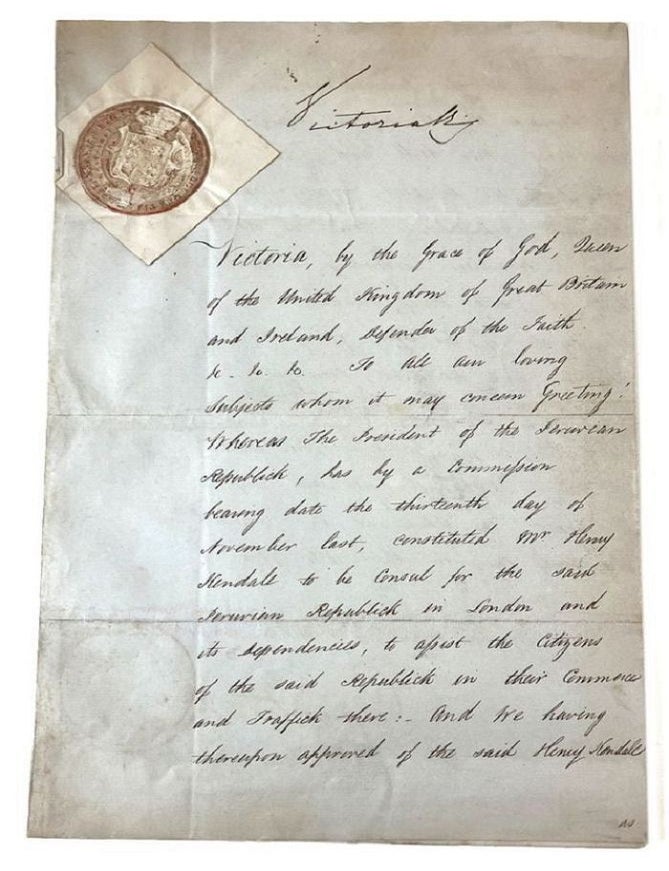 Item #182061 APPROBATION FOR APPOINTMENT OF MR HENRY KENDALE AS CONSUL FOR PERU, signed by Queen Victoria, and Lord Palmerston:. Queen Victoria.