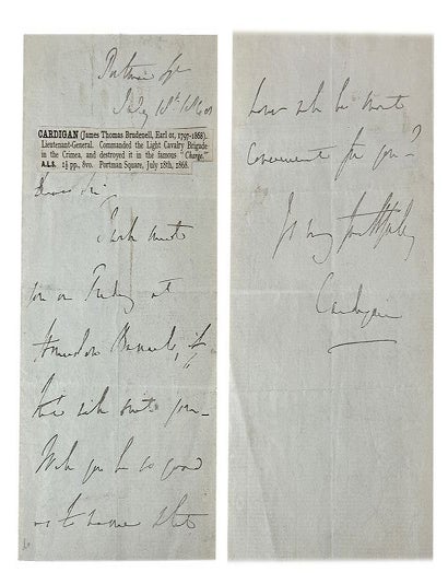 Item #184549 AUTOGRAPH LETTER, signed, to an unknown correspondent:. James Thomas Brudenall Cardigan, Earl of.