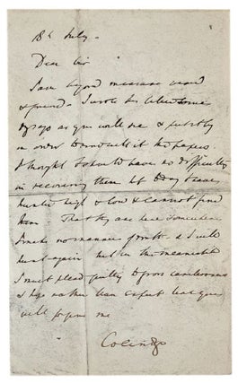 Item #184550 AUTOGRAPH LETTER, signed, to an unknown correspondent:. John Duke Coleridge, 1st...
