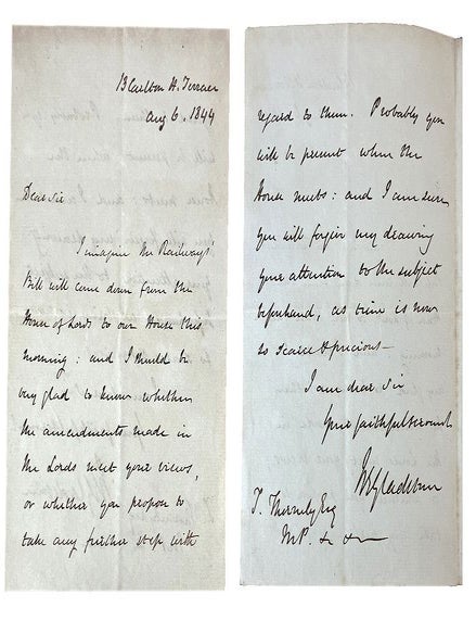 Item #184553 AUTOGRAPH LETTER, signed, to T. Thornely Esq, MP:. William Ewart Gladstone.