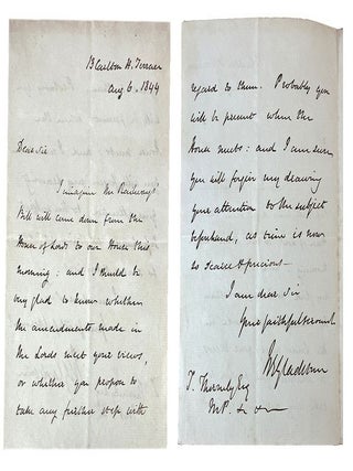 Item #184553 AUTOGRAPH LETTER, signed, to T. Thornely Esq, MP:. William Ewart Gladstone