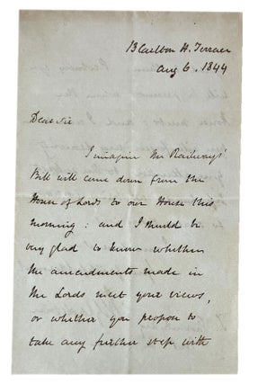 AUTOGRAPH LETTER, signed, to T. Thornely Esq, MP: