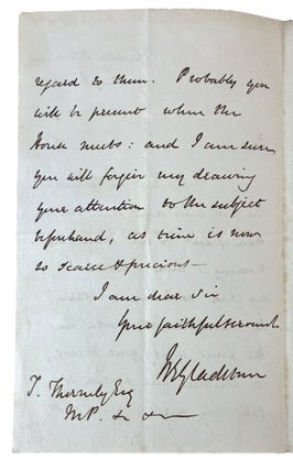 AUTOGRAPH LETTER, signed, to T. Thornely Esq, MP: