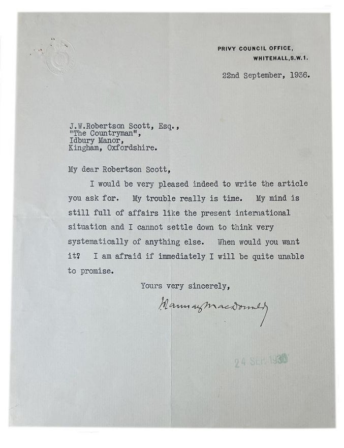 Item #184562 TYPED LETTER, signed, to J. W. Robertson Scott:. J. Ramsay Macdonald.