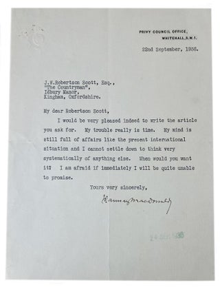 Item #184562 TYPED LETTER, signed, to J. W. Robertson Scott:. J. Ramsay Macdonald