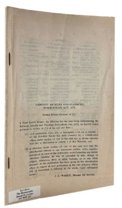 Item #184830 INDECENT ARTICLES AND CLASSIFIED PUBLICATIONS ACT, 1975. Restricted Publications
